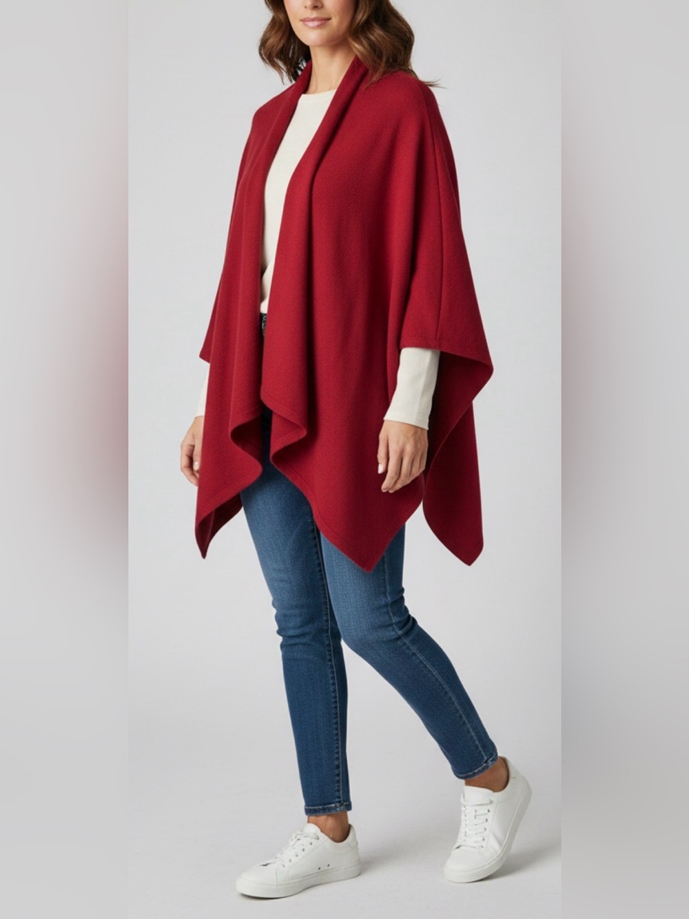 Talbots 100% Wool Red Cape Poncho Ruana Wrap Shawl Cardigan Sweater Layering OS‎